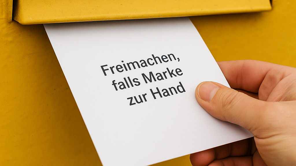 Hand wirft Antwortumschlag mit „Freimachen, falls Marke zur Hand“ in gelben Briefkasten.