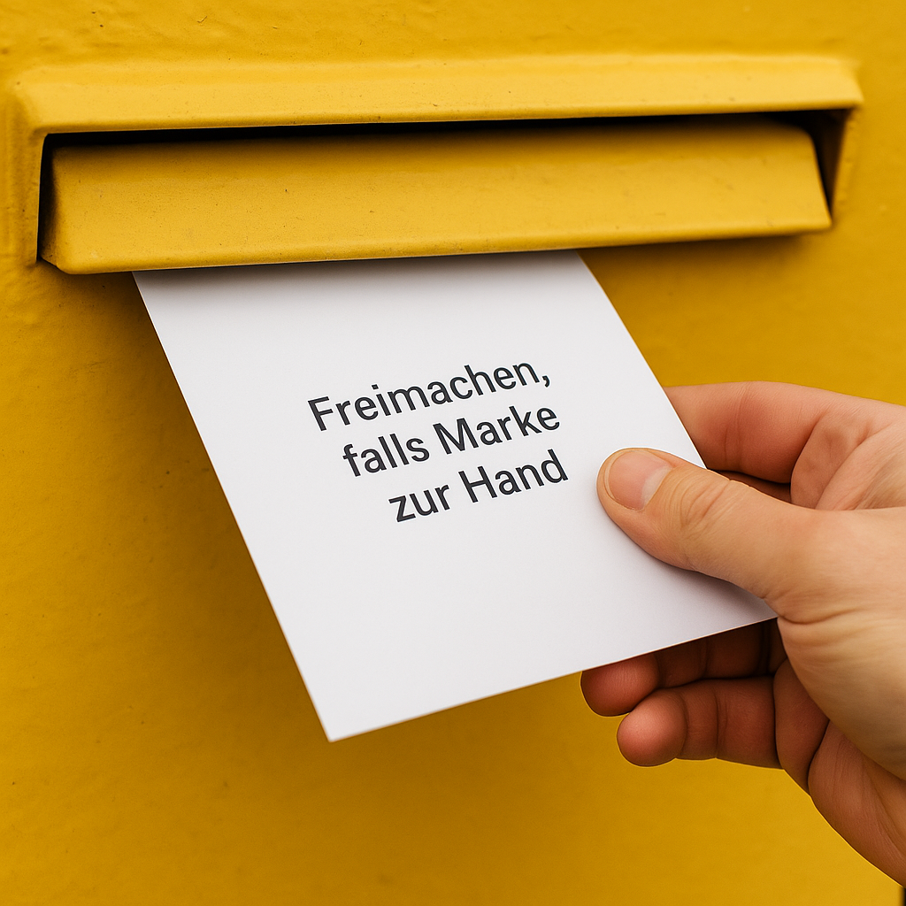 Hand wirft Antwortumschlag mit „Freimachen, falls Marke zur Hand“ in gelben Briefkasten.
