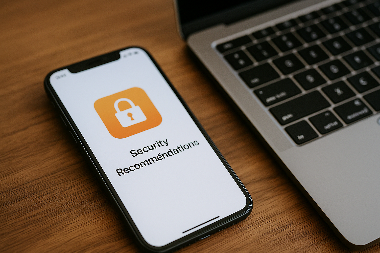 iPhone mit Sicherheitswarnung neben MacBook – Hinweis auf Passwort in Datenleck gefunden.