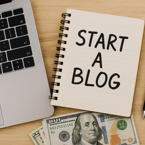 Flachaufnahme mit Laptop, Notizbuch „Start a Blog“ und Geldscheinen – Symbol für Bloggen und Monetarisierung.