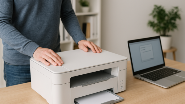 Eine Person richtet einen modernen weißen Drucker auf einem Schreibtisch im Home-Office ein. Daneben steht ein Laptop mit geöffnetem Installationsfenster