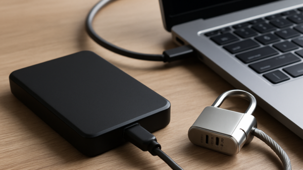 Externe Festplatte am Laptop mit Kabelschloss – Symbol für Verschlüsselung und Passwortschutz