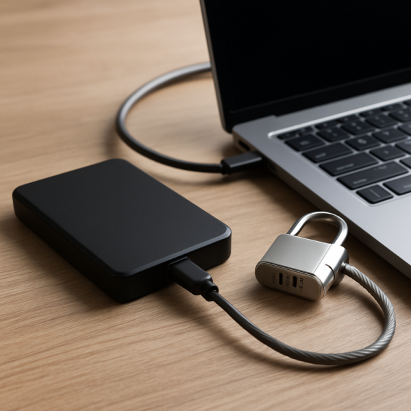 Externe Festplatte am Laptop mit Kabelschloss – Symbol für Verschlüsselung und Passwortschutz