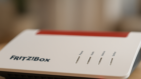 WLAN-Router auf Tisch, rote Info-LED leuchtet – Hinweis auf Störung oder Fehler.