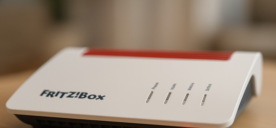 WLAN-Router auf Tisch, rote Info-LED leuchtet – Hinweis auf Störung oder Fehler.