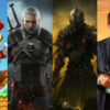 Collage ikonischer Videospielcharaktere: Mario springt fröhlich, Geralt von Riva ernst mit Schwert, ein düsterer Ritter aus Dark Souls und Michael aus GTA V mit Waffe.