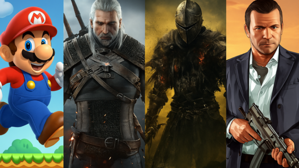Collage ikonischer Videospielcharaktere: Mario springt fröhlich, Geralt von Riva ernst mit Schwert, ein düsterer Ritter aus Dark Souls und Michael aus GTA V mit Waffe.