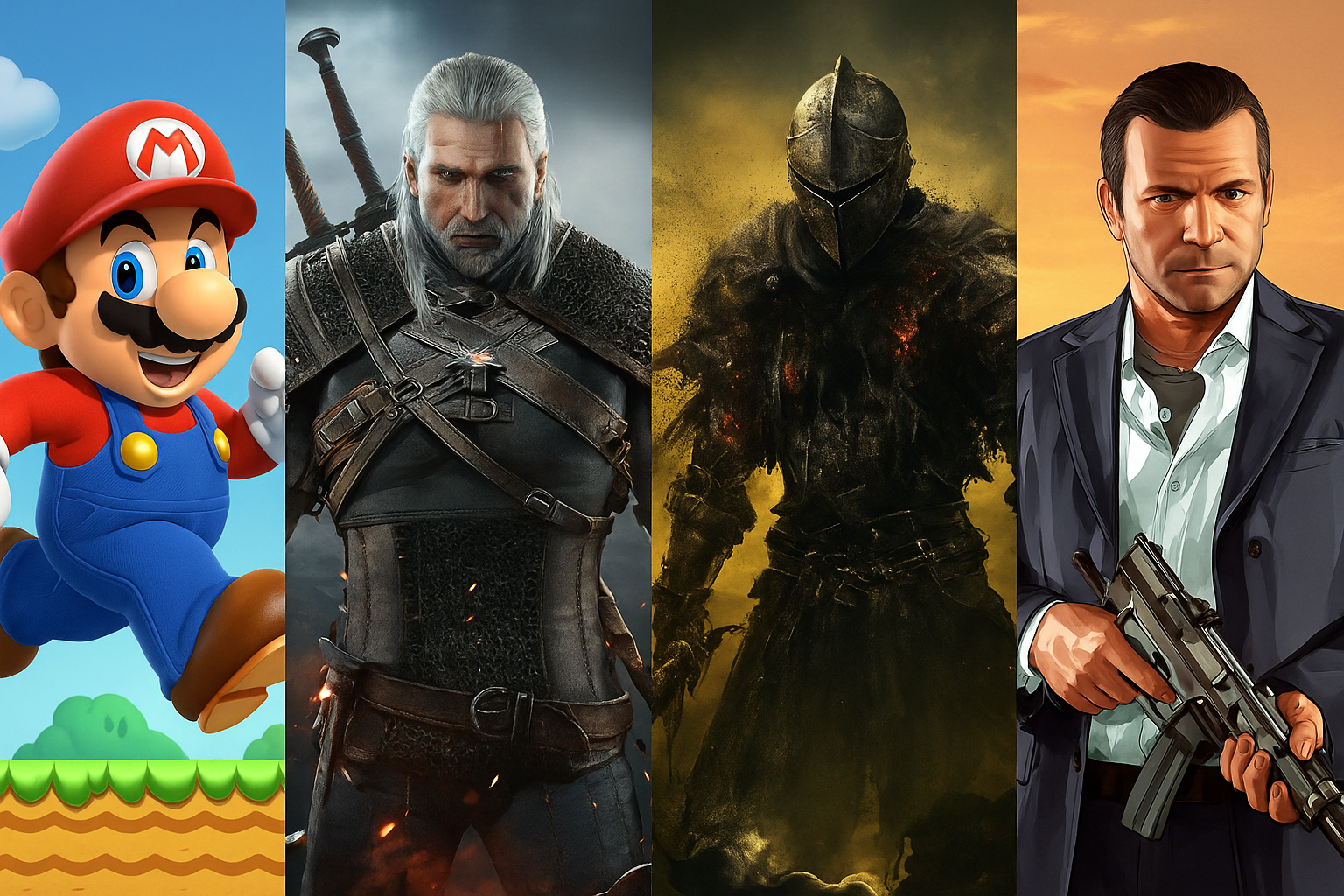 Collage ikonischer Videospielcharaktere: Mario springt fröhlich, Geralt von Riva ernst mit Schwert, ein düsterer Ritter aus Dark Souls und Michael aus GTA V mit Waffe.