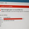 Windows-Explorer zeigt eine rote Warnung, dass das Laufwerk C fast voll ist und nur noch wenig Speicherplatz frei ist.
