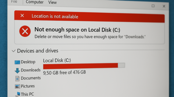 Windows-Explorer zeigt eine rote Warnung, dass das Laufwerk C fast voll ist und nur noch wenig Speicherplatz frei ist.