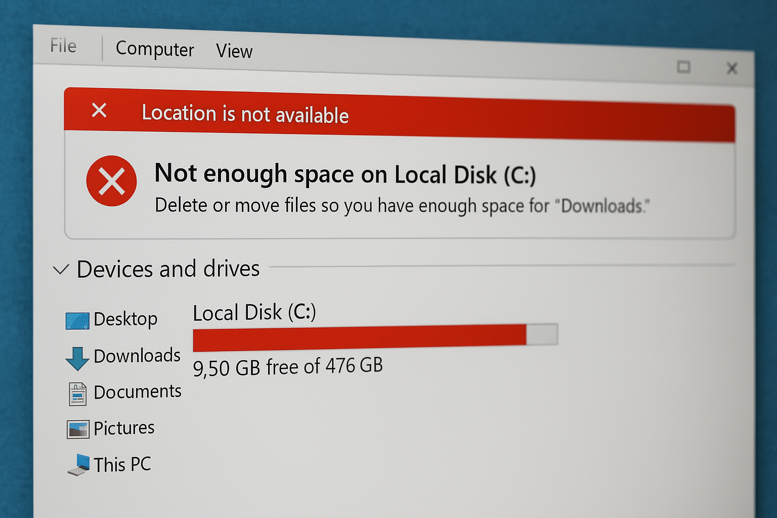 Windows-Explorer zeigt eine rote Warnung, dass das Laufwerk C fast voll ist und nur noch wenig Speicherplatz frei ist.