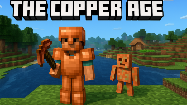 Minecraft-Spieler in Kupferrüstung mit Kupferwerkzeug neben einem Kupfer-Golem im Copper Age Update 2025.