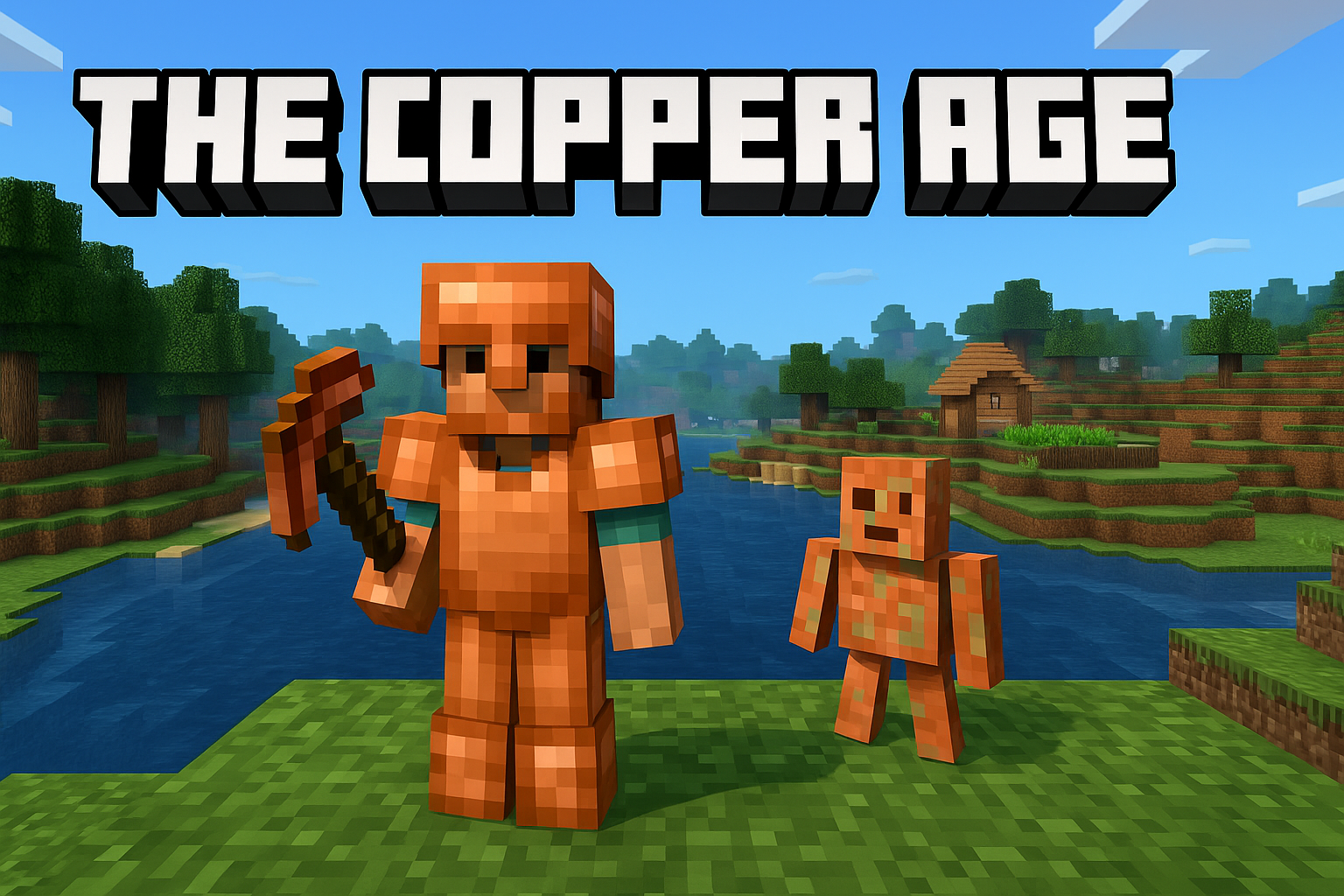 Minecraft-Spieler in Kupferrüstung mit Kupferwerkzeug neben einem Kupfer-Golem im Copper Age Update 2025.