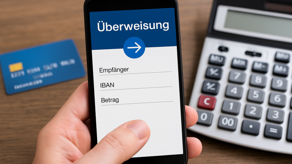 Hand hält Smartphone mit Online-Banking-App zur Überweisung, daneben Bankkarte und Taschenrechner.