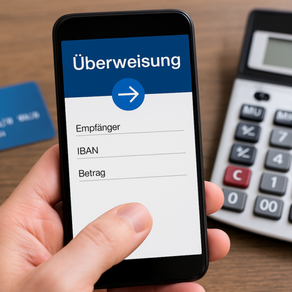 Hand hält Smartphone mit Online-Banking-App zur Überweisung, daneben Bankkarte und Taschenrechner.