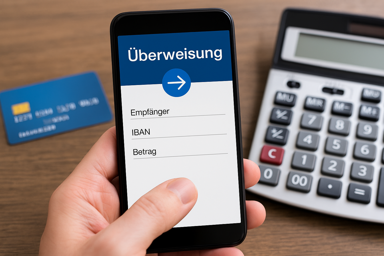 Hand hält Smartphone mit Online-Banking-App zur Überweisung, daneben Bankkarte und Taschenrechner.