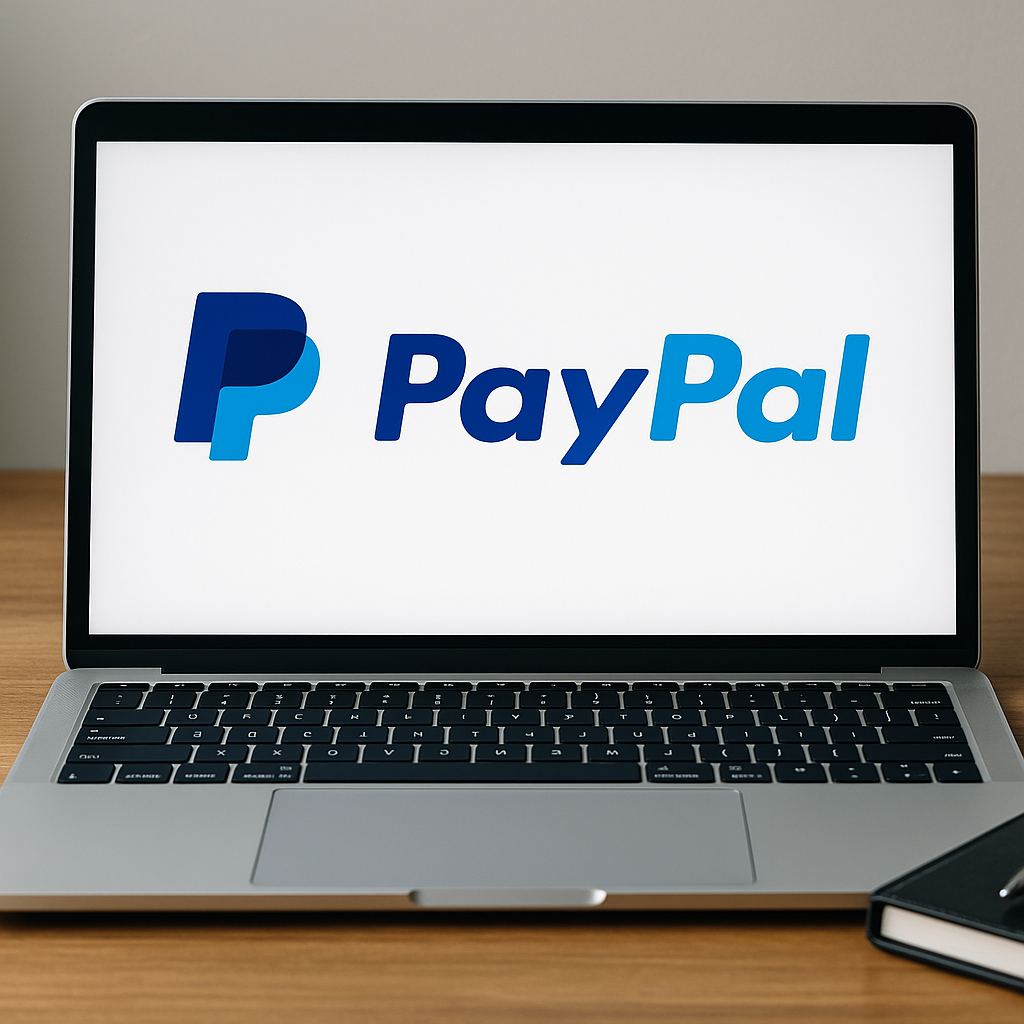 Laptop mit geöffneter PayPal-Webseite auf dem Bildschirm, daneben Smartphone mit PayPal-App auf einem Schreibtisch.