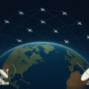Illustration einer Starlink-Satellitenschüssel mit Satelliten im Orbit über der Erde, die Internetverbindungen darstellen.
