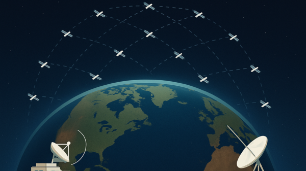 Illustration einer Starlink-Satellitenschüssel mit Satelliten im Orbit über der Erde, die Internetverbindungen darstellen.
