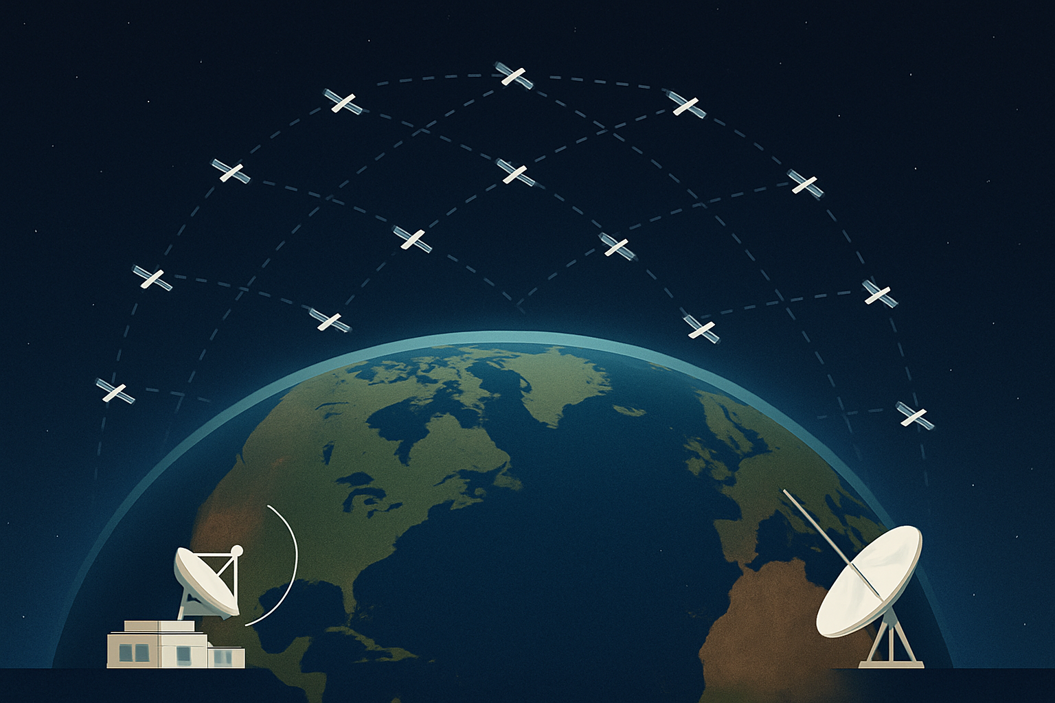 Illustration einer Starlink-Satellitenschüssel mit Satelliten im Orbit über der Erde, die Internetverbindungen darstellen.