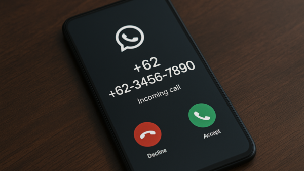 Smartphone zeigt eingehenden WhatsApp-Anruf von einer unbekannten indonesischen Nummer mit der Vorwahl +62.