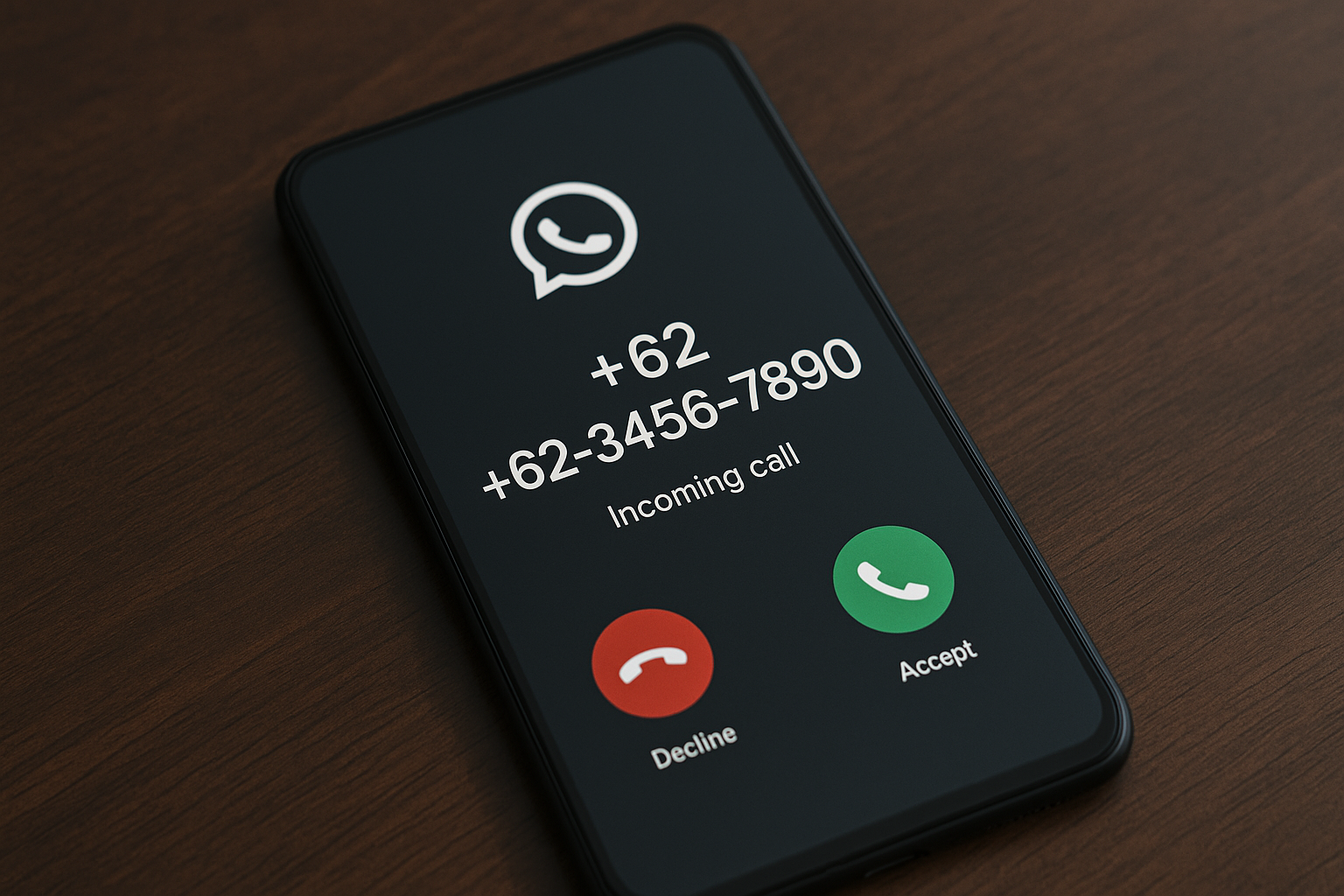 Smartphone zeigt eingehenden WhatsApp-Anruf von einer unbekannten indonesischen Nummer mit der Vorwahl +62.