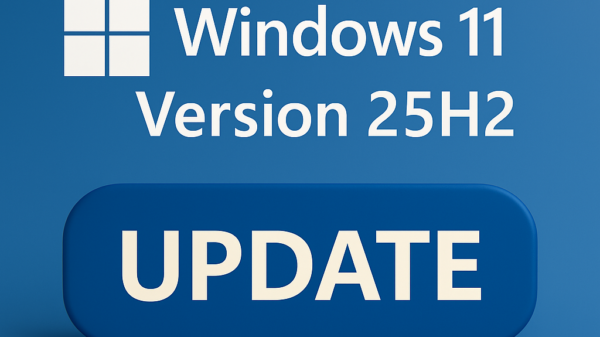 Digitales Bild mit Windows 11 Logo und Schriftzug „Version 25H2 Update“ auf blauem Hintergrund.