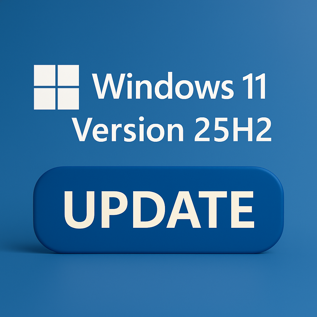 Digitales Bild mit Windows 11 Logo und Schriftzug „Version 25H2 Update“ auf blauem Hintergrund.