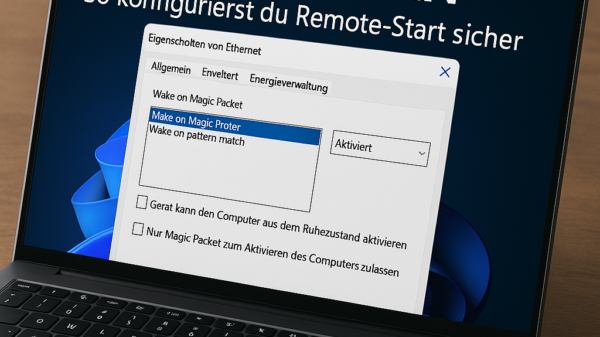 Windows 11 Laptop zeigt die aktivierte Wake on LAN Option im Netzwerkeinstellungsfenster auf dem Bildschirm