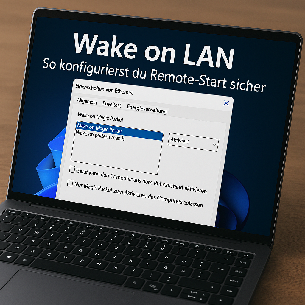 Windows 11 Laptop zeigt die aktivierte Wake on LAN Option im Netzwerkeinstellungsfenster auf dem Bildschirm