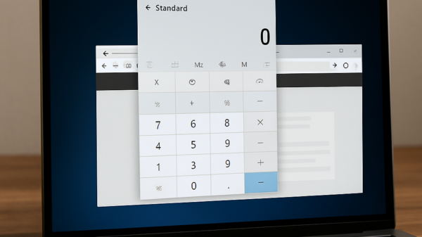 Ein Laptop mit geöffnetem Windows-Bildschirm zeigt mehrere Fenster, von denen eines im Vordergrund hervorgehoben ist