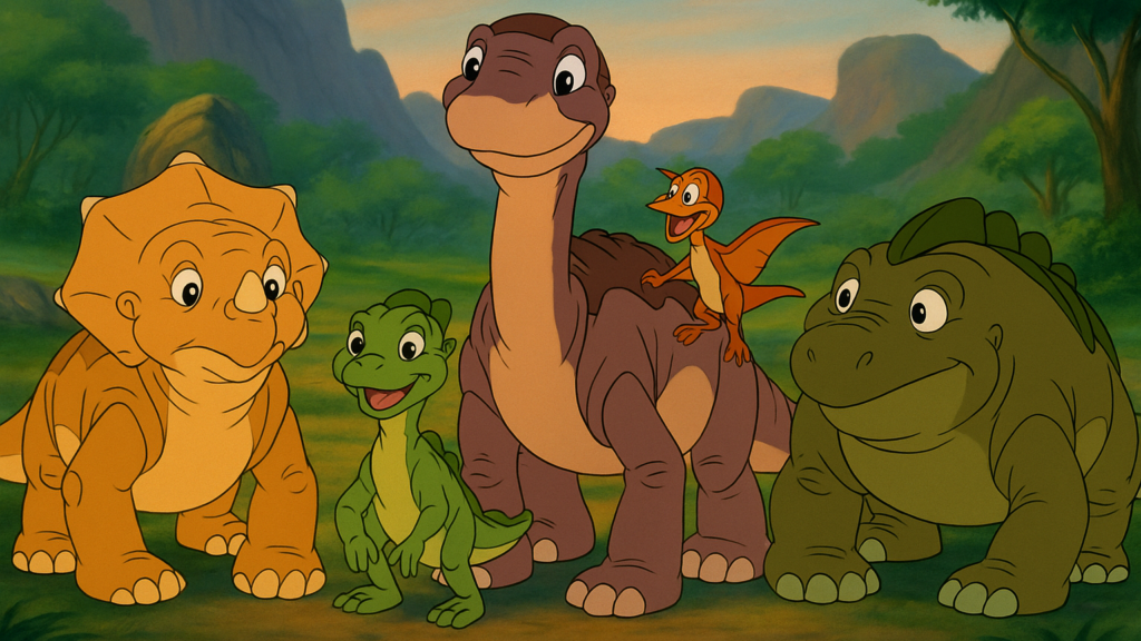 ittlefoot, Cera, Ducky, Petrie und Spike stehen gemeinsam in einer sonnigen Urzeit-Landschaft – Szene aus „In einem Land vor unserer Zeit