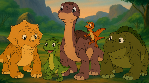 ittlefoot, Cera, Ducky, Petrie und Spike stehen gemeinsam in einer sonnigen Urzeit-Landschaft – Szene aus „In einem Land vor unserer Zeit