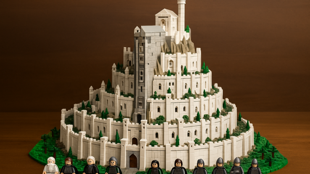 Realistische Lego-Nachbildung von Minas Tirith aus Der Herr der Ringe mit detailreicher Zitadelle, Mauerringen und Minifiguren vor der weißen Stadt.