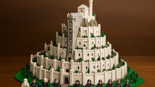 Realistische Lego-Nachbildung von Minas Tirith aus Der Herr der Ringe mit detailreicher Zitadelle, Mauerringen und Minifiguren vor der weißen Stadt.