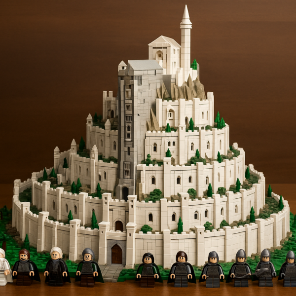 Realistische Lego-Nachbildung von Minas Tirith aus Der Herr der Ringe mit detailreicher Zitadelle, Mauerringen und Minifiguren vor der weißen Stadt.