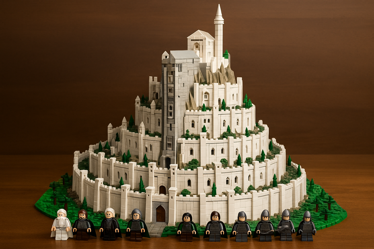 Realistische Lego-Nachbildung von Minas Tirith aus Der Herr der Ringe mit detailreicher Zitadelle, Mauerringen und Minifiguren vor der weißen Stadt.