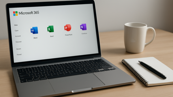 Moderner Arbeitsplatz mit Laptop, auf dem Microsoft 365 geöffnet ist, daneben Notizblock, Stift und Kaffeetasse auf hellem Schreibtisch.