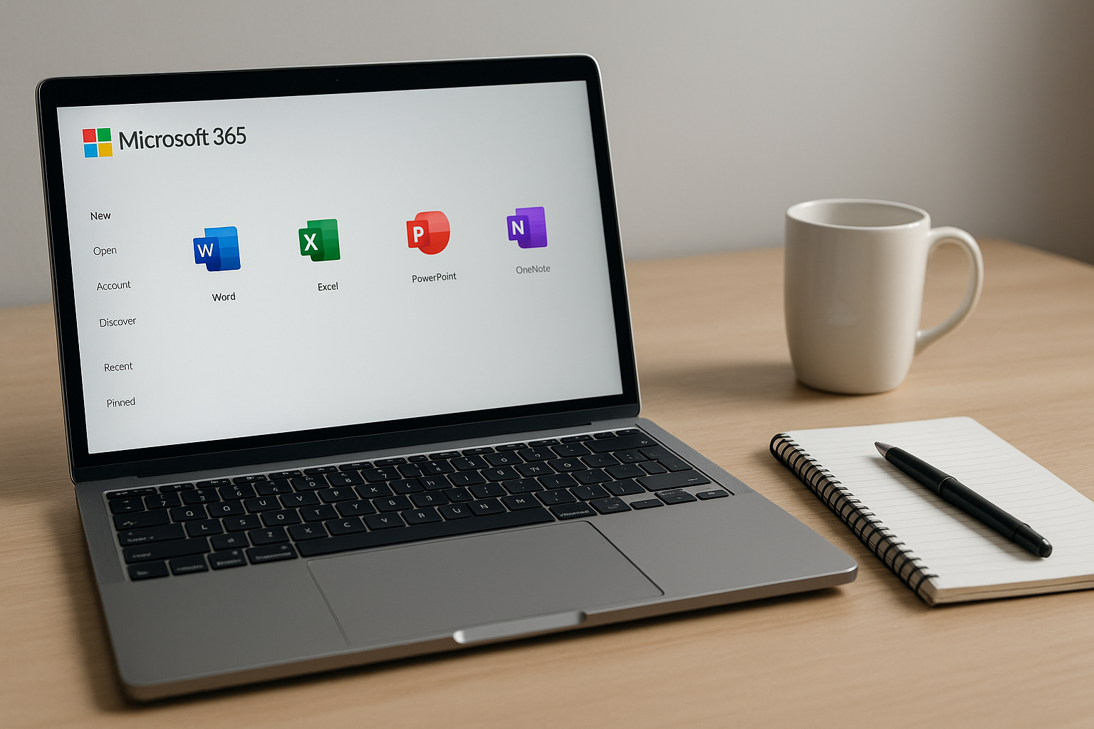 Moderner Arbeitsplatz mit Laptop, auf dem Microsoft 365 geöffnet ist, daneben Notizblock, Stift und Kaffeetasse auf hellem Schreibtisch.