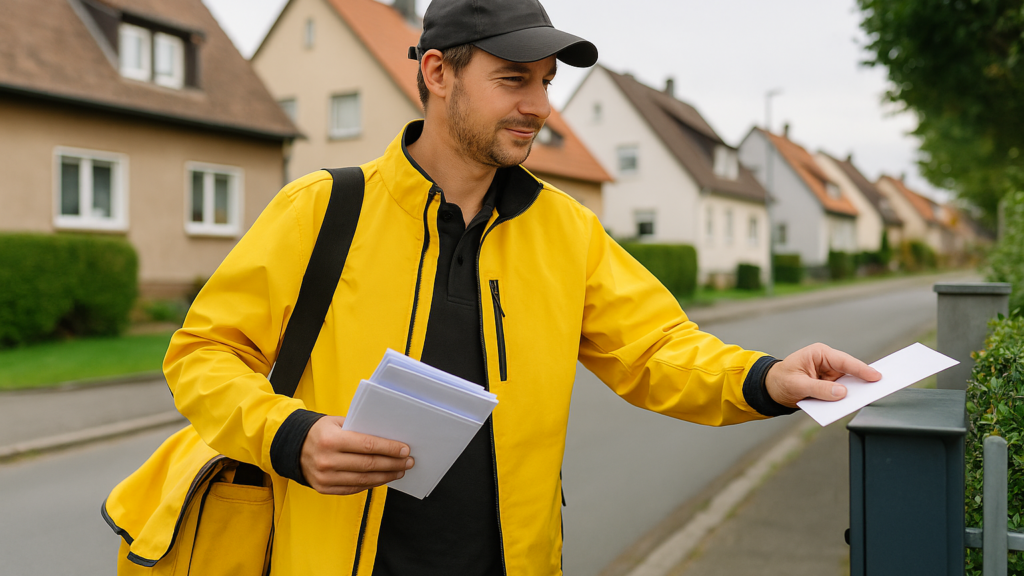 Deutscher Postbote mit gelber Tasche steckt Briefe in einen Briefkasten in einer ruhigen Wohnstraße bei Tageslicht.