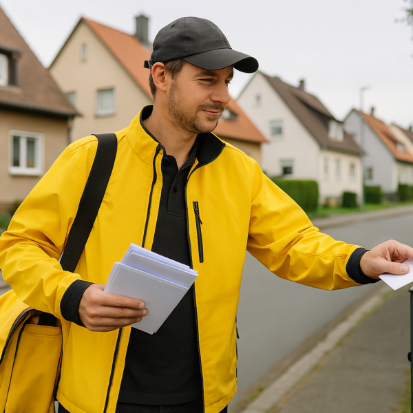 Deutscher Postbote mit gelber Tasche steckt Briefe in einen Briefkasten in einer ruhigen Wohnstraße bei Tageslicht.