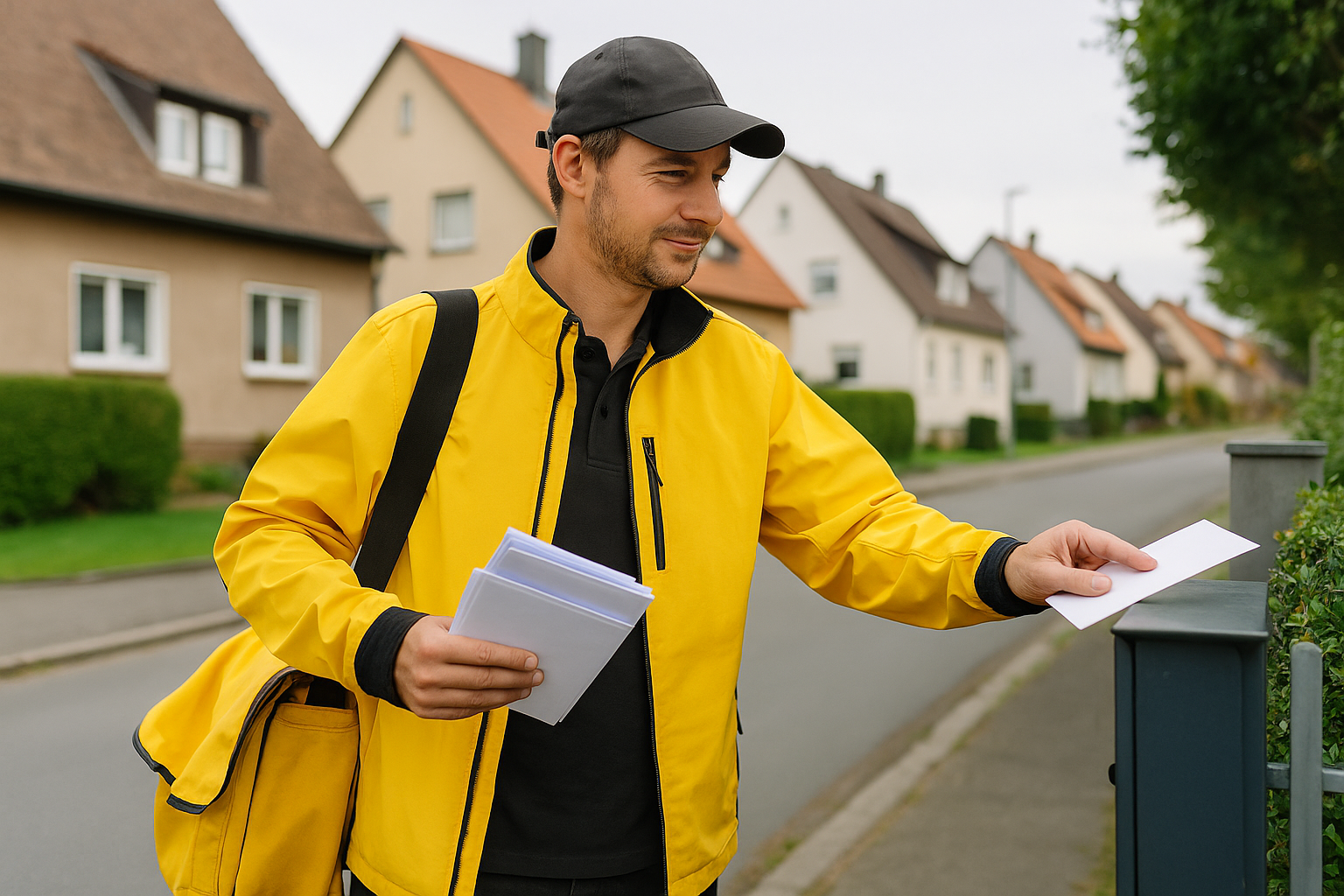 Deutscher Postbote mit gelber Tasche steckt Briefe in einen Briefkasten in einer ruhigen Wohnstraße bei Tageslicht.