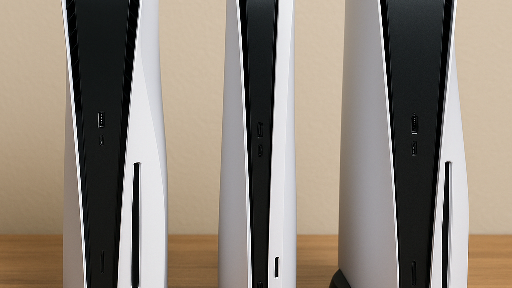 Drei PS5-Konsolen – Standard, Slim und Pro