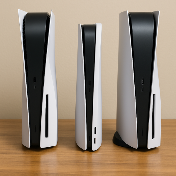 Drei PS5-Konsolen – Standard, Slim und Pro
