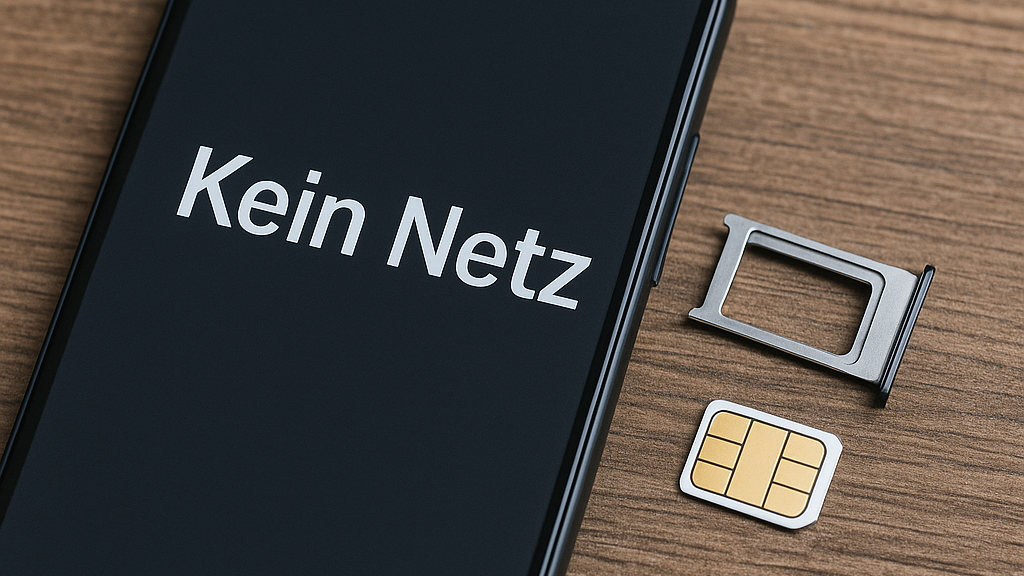 Smartphone mit geöffneter SIM-Schublade und SIM-Karte daneben auf einem Holztisch – Symbol für Mobilfunkproblem „kein Netz“