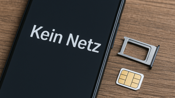 Smartphone mit geöffneter SIM-Schublade und SIM-Karte daneben auf einem Holztisch – Symbol für Mobilfunkproblem „kein Netz“