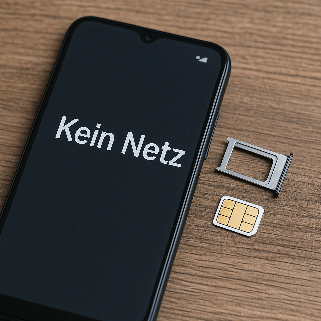 Smartphone mit geöffneter SIM-Schublade und SIM-Karte daneben auf einem Holztisch – Symbol für Mobilfunkproblem „kein Netz“