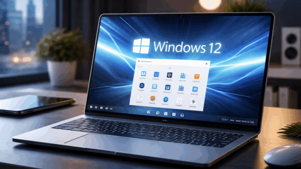 Realistisches, waagerechtes Bild eines modernen Windows-Desktops auf einem Laptop mit futurischem Interface, symbolisch für das kommende Windows-12-Release.