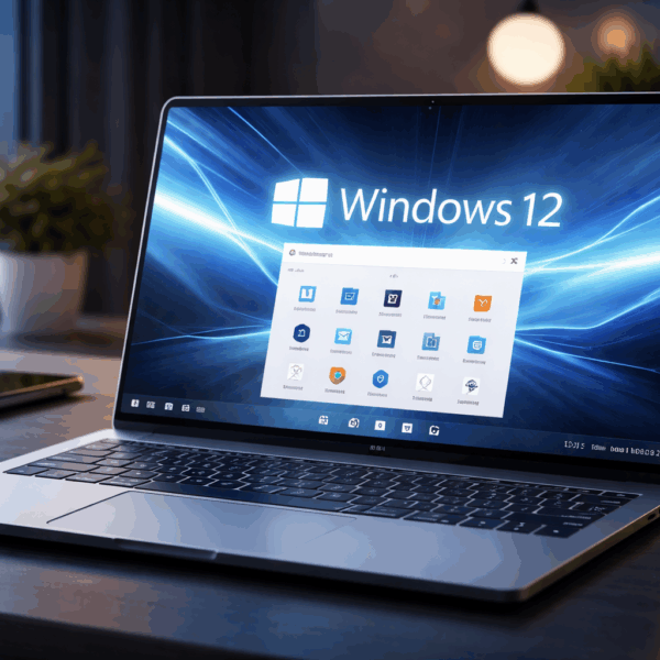 Realistisches, waagerechtes Bild eines modernen Windows-Desktops auf einem Laptop mit futurischem Interface, symbolisch für das kommende Windows-12-Release.