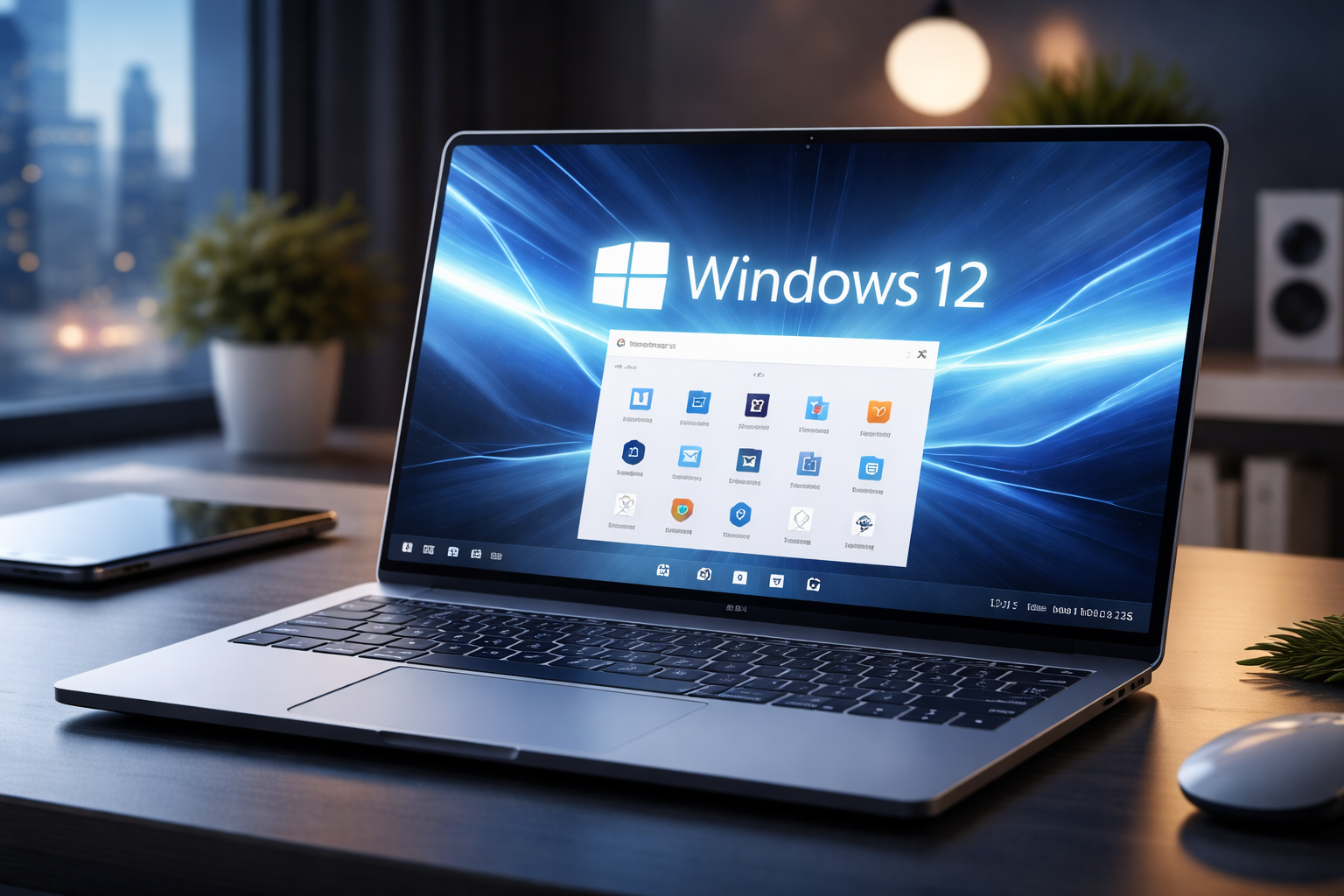 Realistisches, waagerechtes Bild eines modernen Windows-Desktops auf einem Laptop mit futurischem Interface, symbolisch für das kommende Windows-12-Release.